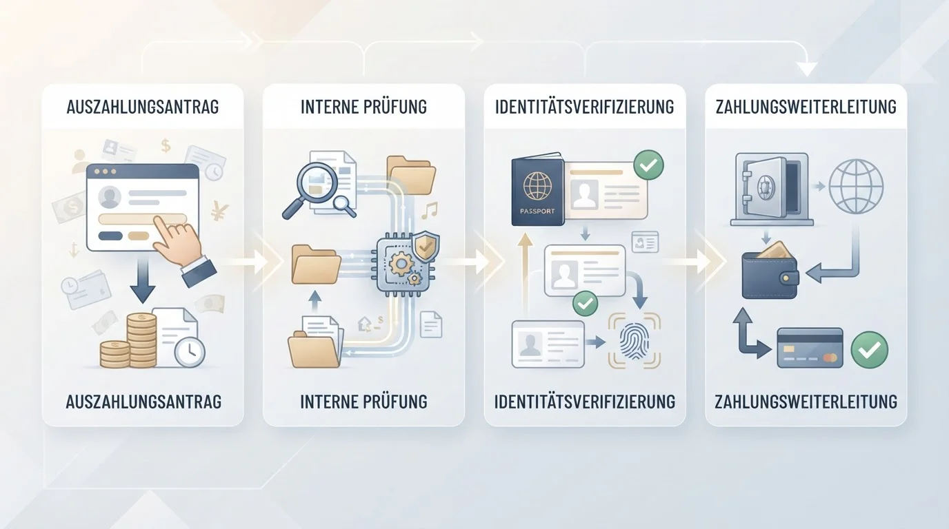 Redaktionelle Prozessgrafik mit den Schritten Auszahlungsantrag, Prüfung, KYC und Zahlung
