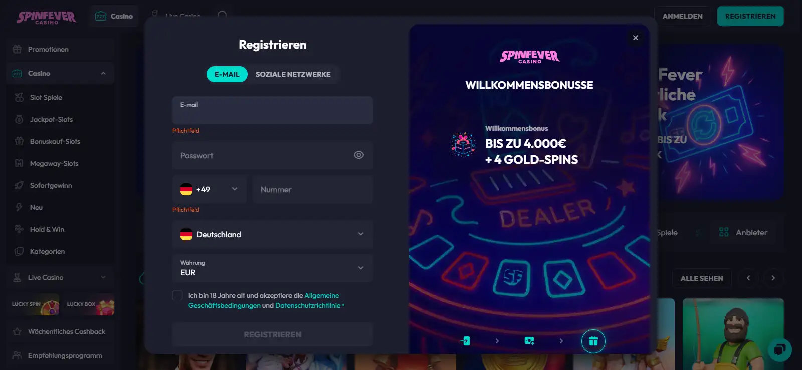 Screenshot der aktuellen SpinFever Registrierungsmaske ohne persönliche Daten