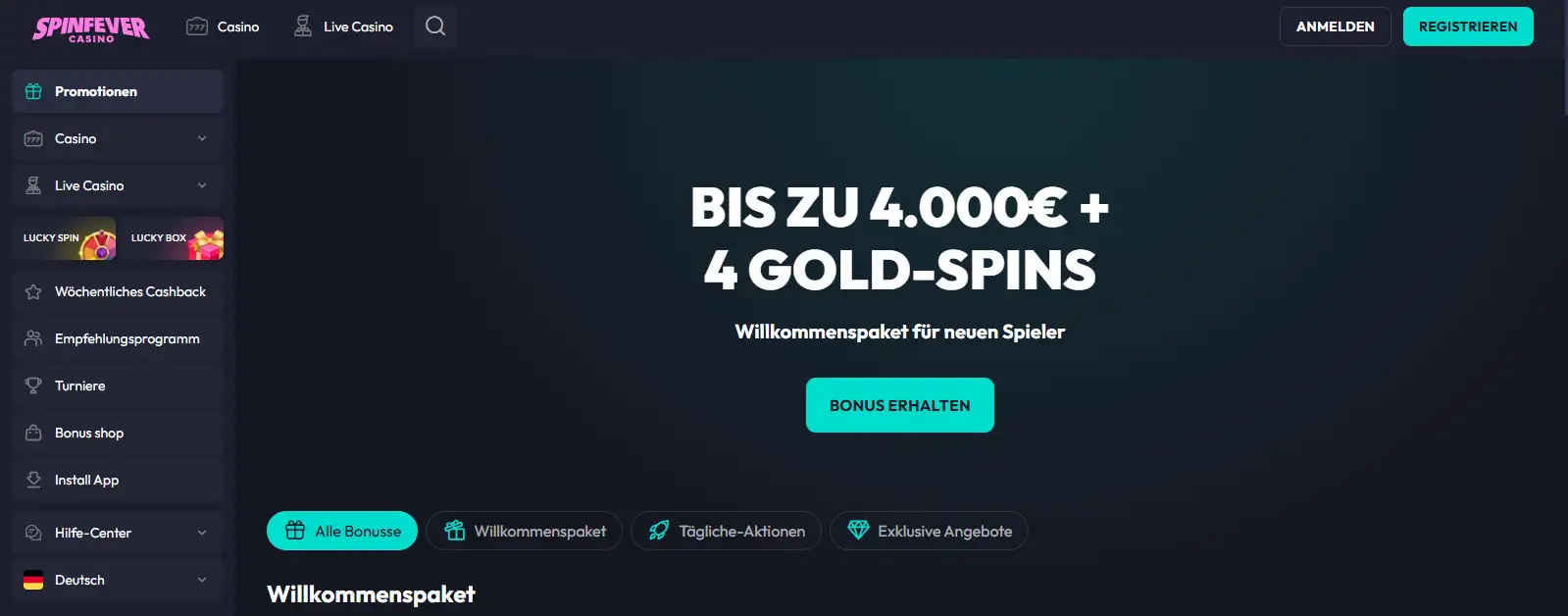 Vorgesehener Screenshot der aktuellen SpinFever Promotionsseite mit dem Willkommenspaket