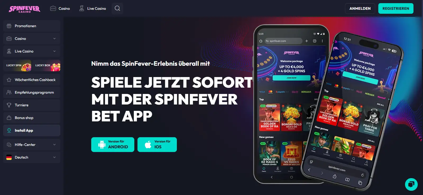 Screenshot der offiziellen SpinFever Installationsseite mit Add-to-Home-Screen-Anleitung