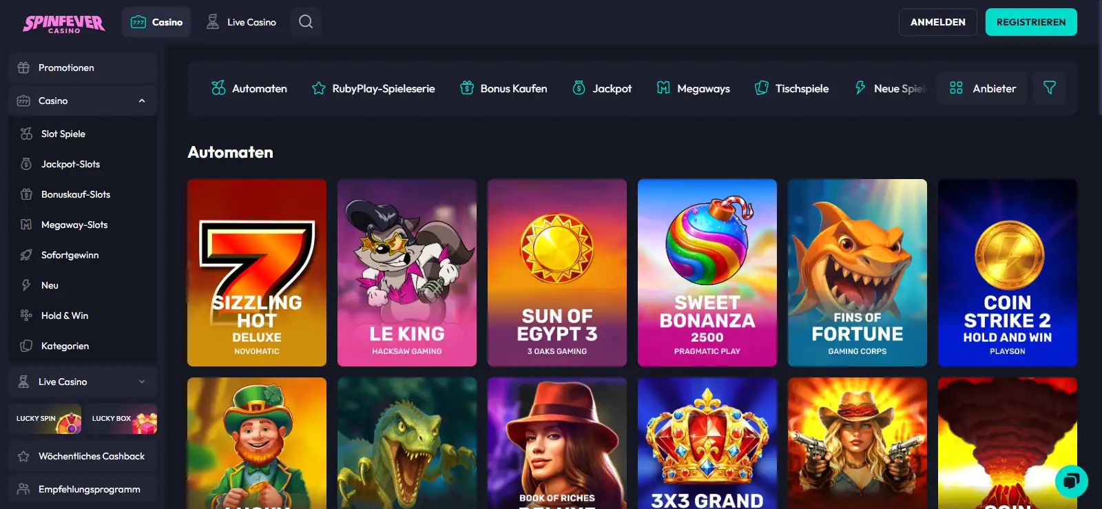 Screenshot der aktuellen SpinFever Spielelobby mit sichtbaren Kategorien und Filtern