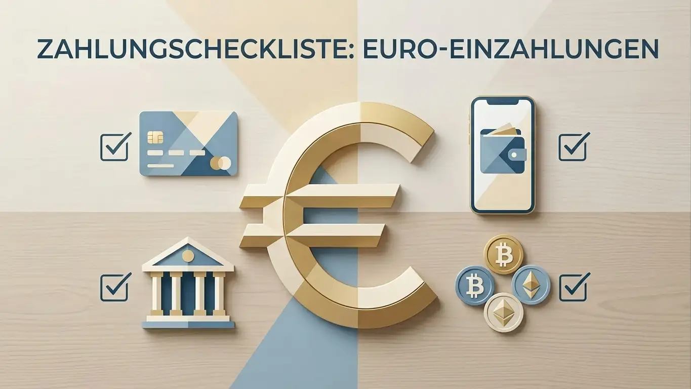 Redaktionelle Zahlungs-Checkliste mit EUR, Karte, Wallet, Banküberweisung und Kryptowährung