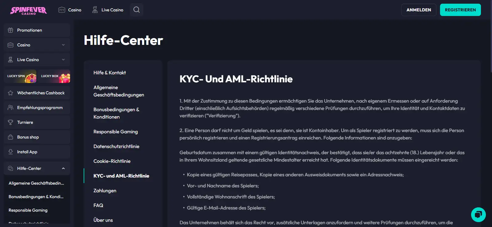 Screenshot der offiziellen SpinFever KYC-Seite mit Dokumenthinweisen ohne persönliche Daten