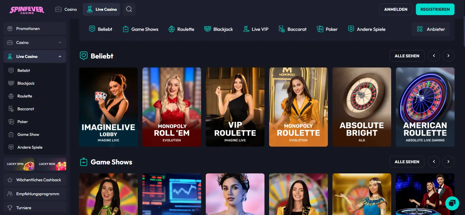 Screenshot der SpinFever Live-Casino-Lobby mit sichtbaren Live-Kategorien