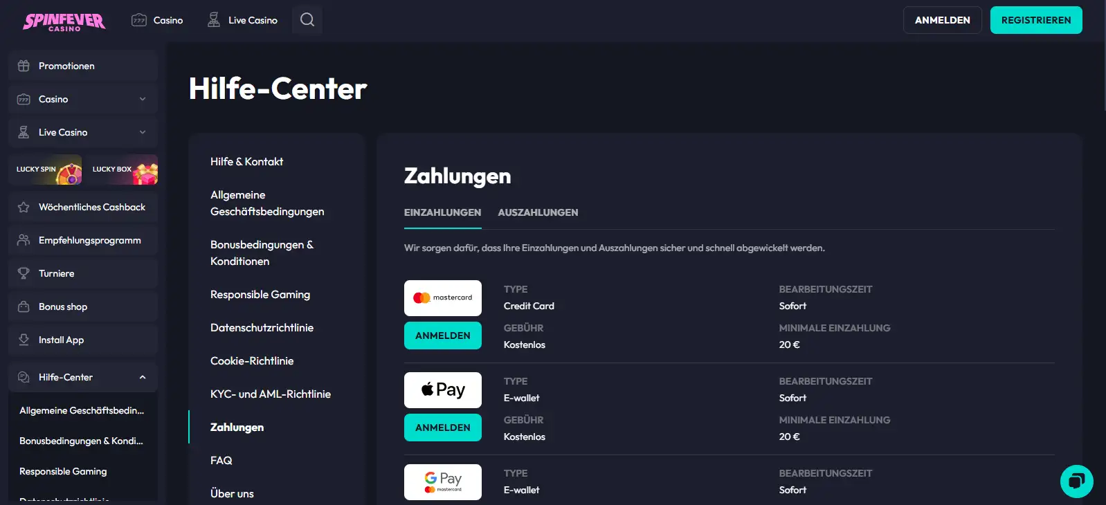 Vorgesehener Screenshot der aktuellen SpinFever Zahlungsseite ohne persönliche Kontodaten