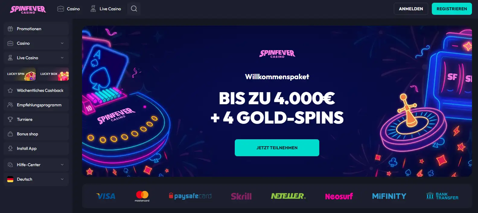 Screenshot der aktuellen deutschen SpinFever-Website mit deutscher Navigation